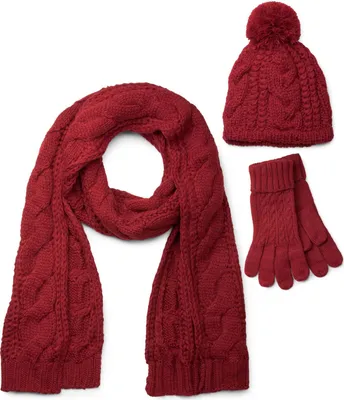 Produktbild von styleBREAKER Schal, Mütze und Handschuh Set, Zopfmuster Strickschal mit Bommelmütze und Handschuhe, Damen 01018208