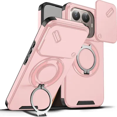 Immagine prodotto di Custodia a doppio strato per Xiaomi 15T Pro, con copertura scorrevole della fotocamera e supporto magnetico ad anello Rosa