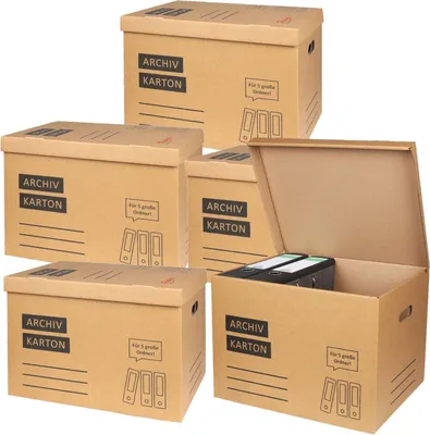 Image de 5x carton d'archivage carton pour dossiers avec couvercle rabattable et fond - pour 5 grands classeurs A4 chacun pour le stockage Organisation Transport Boîte d'archives