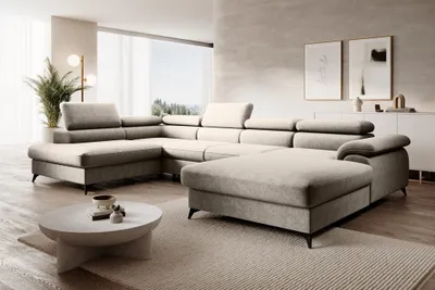 Productafbeelding van Zitmeubel in L-vorm, slaapbank BASTIEN, bekleed met stof in de kleur "Whisper Beige", met een hocker aan de rechterkant