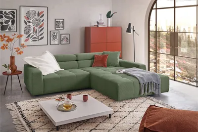 Produktbild von KAWOLA Sofa RENO Ecksofa Feincord olivgrün mit motorischem Sitzvorzug Longchair rechts