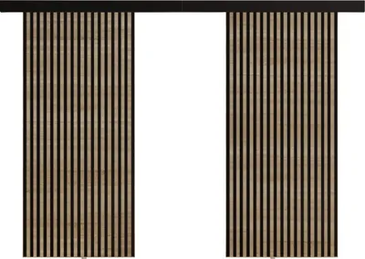 A sliding door room divider with vertical wooden slats.