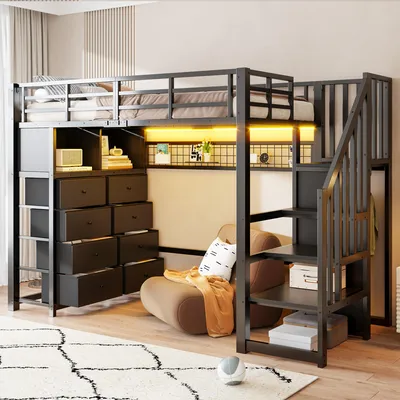 Produktbild von Flieks Etagenbett 90x200cm mit 8 Schubladen, Hochbett Metallbett mit Led und Staufächern, Kinderbett Jugendbett mit Kleiderstange, Schwarz