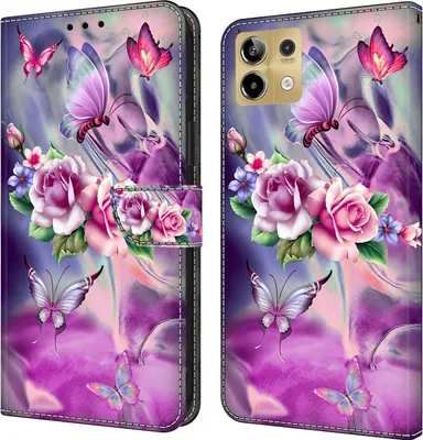 Produktbild von CLM-Tech Handyhülle kompatibel mit Xiaomi Redmi Note 13 5G Hülle - Tasche aus Kunstleder - Klapphülle mit Ständer und Kartenfächern - Schutzhülle Wallet Case Cover lila Blumen Schmetterlinge