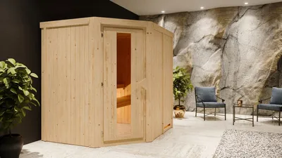 Produktbild von Karibu Sauna Innensauna Siirin Eckeinstieg Ofen 9 kW integr. Strg 196x170x198 cm ohne Dachkranz mit Energiespartür