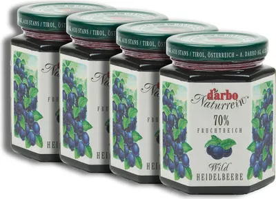 Produktbild von Food-United FRUCHTAUFSTRICH DARBO Wild-Heidelbeere 4x 200g Glas Naturrein Blaubeere fruchtiger fruit spread perfekt für Brot und Brötchen Kuchen Torten Frühstück Gebäck Quark Porridge Puddings Eiscremes Füllungen