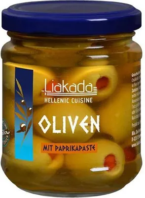 Produktbild von Liakada  Grüne Oliven mit Paprikapaste Sorte Chalkidiki 100 G Glas  Vegan Glutenfrei  Fruchtig, leicht bitter, würzige Note