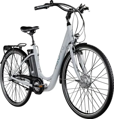 A studio shot of a light gray electric bicycle against a white background.
