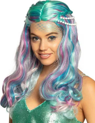 A woman wearing a mermaid wig and costume.