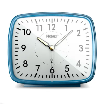 A close-up studio shot of a blue Mebus alarm clock against a white background.
