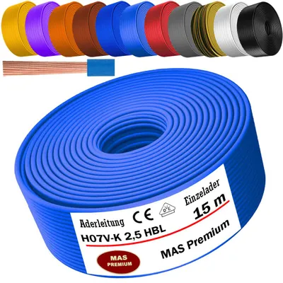 Image de Câble d'alimentation de 15 mètres, type H07 V-K, HBL, 1 x 2,5 mm², de couleur bleu clair, monoconducteur, flexible