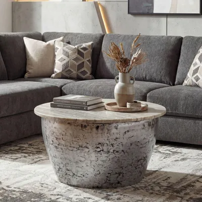 Produktbild von FineBuy Couchtisch Metall mit weißer Marmor Tischplatte 60cm Wohnzimmertisch Runder Loungetisch Massiver Sofatisch Beistelltisch Handmade Silber