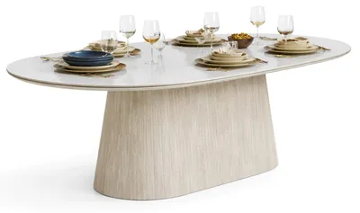 Produktbild von HOOZ® Esstisch oval modern – Keramikplatte – Esszimmertisch 130x70cm – Säulenfuß massive Mittelfuß Design – pflegeleicht & stabil - Küchentisch Kalk