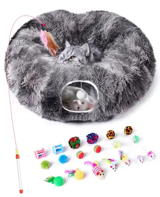 Immagine prodotto di Omgoods - Tunnel per gatti con cuccia in peluche - Tunnel giochi multifunzionale