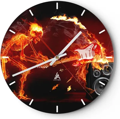 Produktbild von Wanduhr - Rund - Glasuhr - Feuer Instrument Skelett - 40x40cm - Schleichendes Uhrwerk - Lautlos - zum Aufhängen bereit - Dekoration Modern - Wanddekoration aus Glas - C3AR40x40-0210