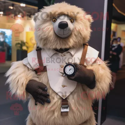 Produktbild von Beigefarbener REDBROKOLY Faultier-Bär Maskottchen Kostüm gekleidet mit Weste und Smartwatches
