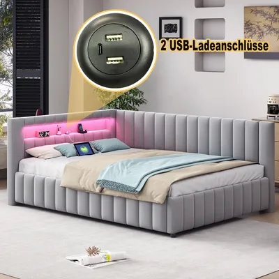 Produktbild von okwish Schlafsofa Polsterbett 140x200 Daybett mit LED-Licht und USB-Ladeanschluss, mit Rückenlehne und Kopfteil,Samtstoff,Hellgrau-Ohne Matratze