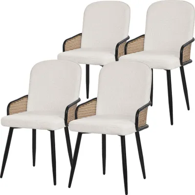 Immagine prodotto di ML-Design set di 4 sedie da pranzo Sedia da cucina rivestita in tessuto beige con braccioli in rattan Sedie imbottite con gambe in metallo Poltrona ergonomica
