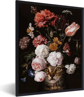 Produktbild von MuchoWow® Gerahmtes Poster Katze - Blumen - Flora 60x80 cm - Poster mit Schwarzem Bilderrahmen Wandposter Rahmen Foto Bilder - Premium - Wanddeko Wohnzimmer