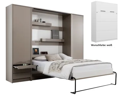 Produktbild von Schrankbett Wandbett Klappbett vertikal GN 140x200 mit Schreibtisch LED und 2 Schränken weiß