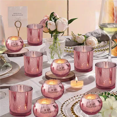 Obrázok produktu pre 12 sklenených držiakov na sviečky typu tealight v ružovej farbe, vhodné na oslavy