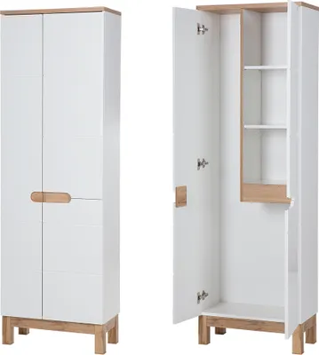 Produktbild von Hochschrank mit Staubsauger-/Wischerfach SOLNA-56 Hochglanz weiß mit Wotaneiche, B x H x T ca. 60 x 187 x 33cm