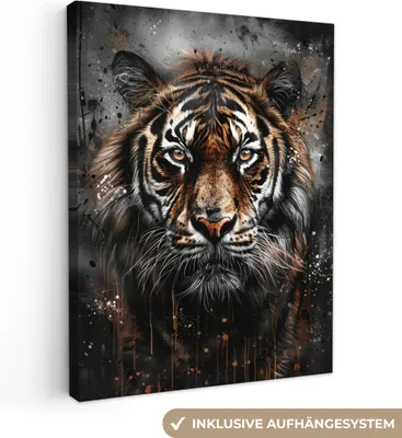 Produktbild von MuchoWow® - Leinwandbilder - Tiger - Tiere - Porträt - Luxus - Schwarz, Wandbild, Wanddeko Bilder Wohnzimmer, 60x80cm