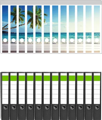 Produktbild von Wallario 12 Stück schmale Ordner inkl. Klebeetiketten mit Motive Sandstrand auf den Seychellen - Urlaub unter Palmen -  Set mit Rückenschildern / Ordnerrücken Stickern