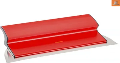 A red trowel with a metal blade, isolated on a white background.