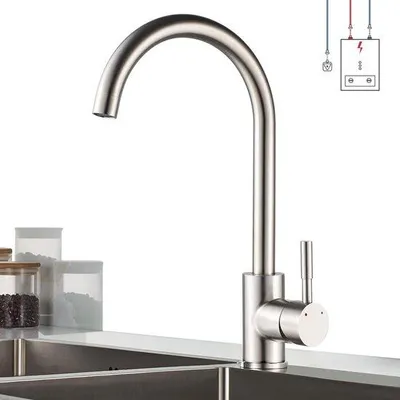 Immagine prodotto di Miscelatore da cucina Unyqoos® in acciaio inossidabile, finitura effetto nichel/cromo spazzolato, girevole a 360°, senza pressione, altezza del beccuccio 26,2 cm, 3 tubi di collegamento da 500 mm