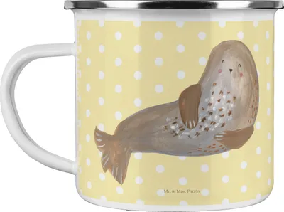 Produktbild von Mr. & Mrs. Panda Teetasse Robbe Lachen - Gelb Pastell - Geschenk, Seehund, Teebecher, Strand, Kaffeepott, Ostsee, Pott, Haferl, Nordsee, Robben, Emaille Tasse