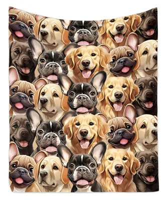 A collage of various dog breeds, mostly French Bulldogs and Golden Retrievers, looking directly at the camera with their mouths open and tongues out.