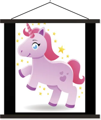 Produktbild von MuchoWow® Textilposter Eine Illustration eines rosa Einhorns mit Sternen - Mädchen - Kinder - Kinder 40x53 cm mit schwarzem Rahmen - Abbildung