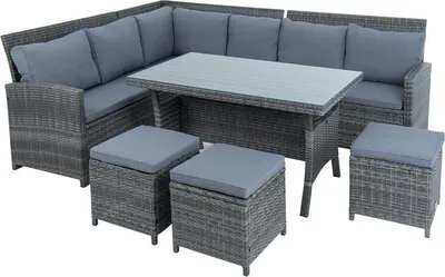 Produktbild von Polyrattan Sitzgruppe Essgruppe Couch Sofa Set Lounge Gartengarnitur 7tlg grau