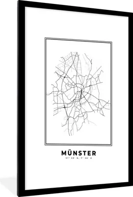 Produktbild von MuchoWow® Gerahmtes Poster Karte - Münster - Schwarz-Weiß - Stadtplan 60x90 cm - Poster mit Schwarzem Bilderrahmen Wandposter Rahmen Foto Bilder - Dekoration - Wandposter Wohnzimmer - Hochwertig