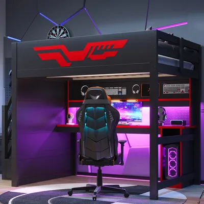 Produktbild von Merax Gaming Hochbett 140x200 cm, Etagenbett mit Schreibtisch, LED Beleuchtung, USB Anschluss, Stauraum Treppe, Kinderbett Jugendbett, Schwarz