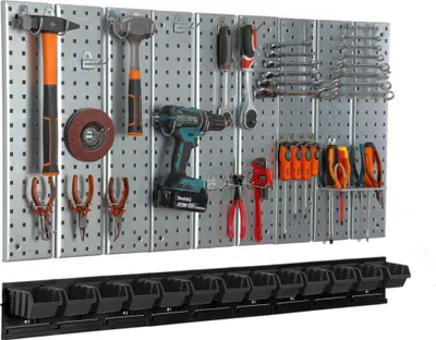 Produktbild von Werkzeugwand 117x72 cm Metall Lagersystem mit Werkzeughaltern Werkzeughaken 13 Stapelboxen schwarz Garage Steckbrett Elektrowerkzeuge Lochwand