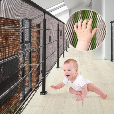 Image de Réseau de sécurité pour escaliers Unyqoos® : 77 x 300 cm – Tissage en polyester renforcé, filet de sécurité pour balcons et escaliers, idéal pour les enfants/bébés, couleur noire, 15 fixations en plastique, 25 cordes