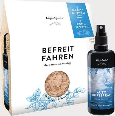 Produktbild von Auto Duftspray Set Atemwohl mit 1 x 100ml Eukalyptus, Salbei, Minze und Cajeput + Zirben-Säckchen