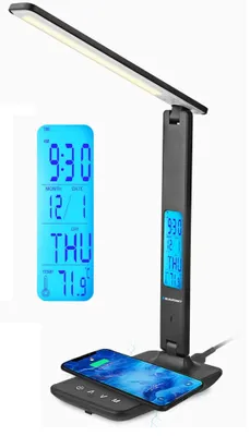 Produktbild von Blaupunkt LED-Schreibtischlampe, Kabellosem Ladegerät, USB-Ladeanschluss, Dimmbare 5 Farbmodi, Leselicht, LCD-Anzeige Kalender Thermometer, Schwarz