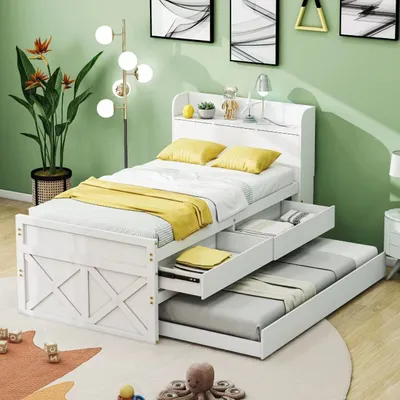Produktbild von Odikalo Kinderbett Polsterbett Jugendbett Massivholz 90x190cm Nachttisch USB Weiß