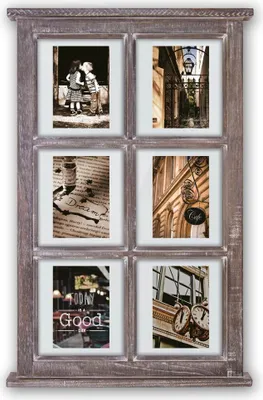 A vintage-style wooden picture frame with six photo inserts, displaying various scenes and text.