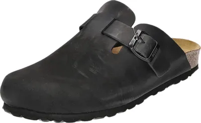 Produktbild von Leichter schwarzer Bio Clog aus glattem Leder mit Weichbettung und Schnalle