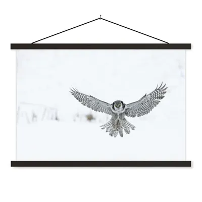 Produktbild von MuchoWow® Textilposter Sperbereule 60x40 cm mit schwarzem Rahmen - Hölzernes