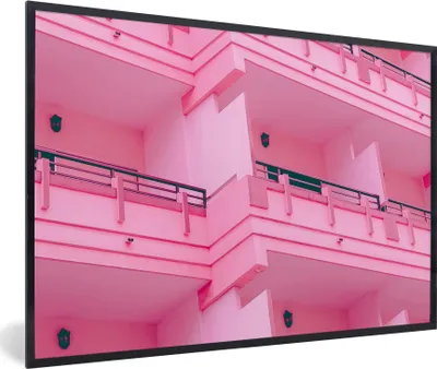 Produktbild von MuchoWow® Gerahmtes Poster Balkon - Sommer - Rosa - Architektur 90x60 cm - Poster mit Schwarzem Bilderrahmen Wandposter Rahmen Foto Bilder - Fotorahmen - Foto-Plakat