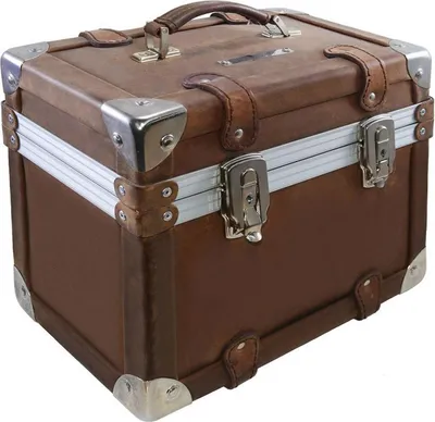 Produktbild von Casa Padrino Luxus Schminkkoffer Vintage Braun / Silber 33 x 21 x H. 28,5 cm - Handgefertigte wasserdichte Echtleder Schminktasche im Retro Design - Luxus Qualität
