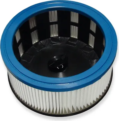 A round pleated air filter with a blue rim.