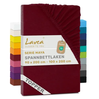 Produktbild von Lavea® Topper Spannbettlaken 90x200 cm - 100x200 cm, Maya 100% Jersey Baumwolle – Weiches Spannbetttuch Topper bis 10 cm- Bordeaux