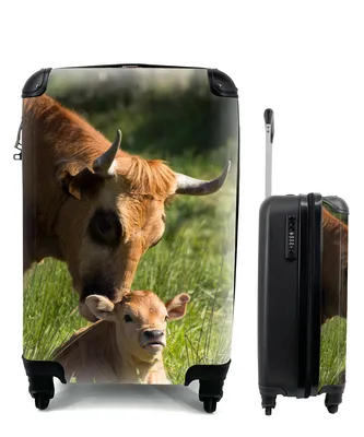 Produktbild von MuchoWow® Koffer Handgepäck Trolley Rollkoffer Kleine Reisekoffer mit 4 Rollen - Kuh - Gras - Horn - Kalb - Cabin Size < 55x40x23 cm & 55x40x20 cm - Fotokoffer - Kabinenkoffer - Boardgepäck - Reise-Box - Reisekoffer - Reisegepäck - Koffer mit Bild - Trolley für Kinder