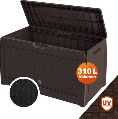 Image de Casaria Coffre de Rangement Aspect osier Brun Malle 310 litres Stockage Coussins avec roulettes Extérieur Jardin